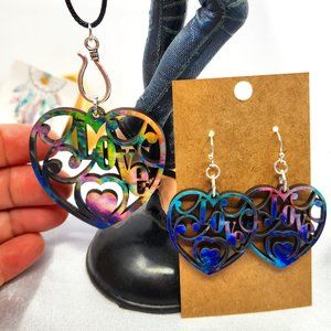 Set Necklace and Earrings, New, Handmade, Pattern Ply Wood.